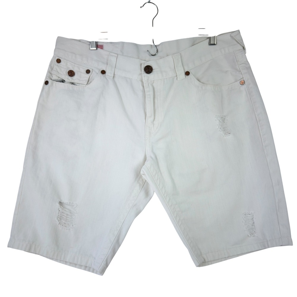 True Religion Ricky Denim Shorts Mens 40 White Distressed Skull Patch USA Made